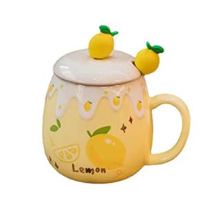 UFOTSAM Coffee Mug Cups Ceramic Tea Cup Fruits Lemon Shaped Handmade Cute Mugs With Lid Spoon Handle Office Home Hot Ice Chocolate Milk Mugs Gifts Microwave Dishwasher Safe Travel Mugs (Yellow)