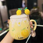 UFOTSAM Coffee Mug Cups Ceramic Tea Cup Fruits Lemon Shaped Handmade Cute Mugs With Lid Spoon Handle Office Home Hot Ice Chocolate Milk Mugs Gifts Microwave Dishwasher Safe Travel Mugs (Yellow)