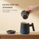 RENEWREVITAL Tea Cup with Infuser, 13.5oz Ceramic Tea Infuser Mug with Wood Handle and Cup Lid, Tea Strainer Cup for Loose Leaf Steeping, Blue&Black