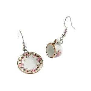 Mismatched Pink Ceramic Teacup and Saucer Earrings, Charming Dining Inspired Dangle Pair, Lightweight Porcelain Material and Smooth Hook Design for Daily Wear Accessory