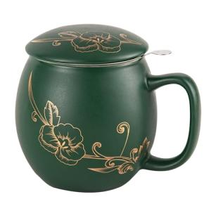 Yundu 12 OZ Ceramic Mug with Lid & Tea Strainer - Matte Green Tea Cup with Golden Flower, Stainless Steel Infuser for Loose Leaf Tea