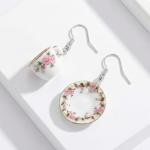 Mismatched Pink Ceramic Teacup and Saucer Earrings, Charming Dining Inspired Dangle Pair, Lightweight Porcelain Material and Smooth Hook Design for Daily Wear Accessory
