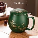 Yundu 12 OZ Ceramic Mug with Lid & Tea Strainer - Matte Green Tea Cup with Golden Flower, Stainless Steel Infuser for Loose Leaf Tea