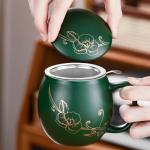 Yundu 12 OZ Ceramic Mug with Lid & Tea Strainer - Matte Green Tea Cup with Golden Flower, Stainless Steel Infuser for Loose Leaf Tea