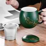 Yundu 12 OZ Ceramic Mug with Lid & Tea Strainer - Matte Green Tea Cup with Golden Flower, Stainless Steel Infuser for Loose Leaf Tea