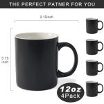 Momugs 12 oz Cup Plain Gloss Black Ceramic Coffee Mug Set of 4 for Milk, Tea, Glazed Porcelain Cups with handle for Home Office, Dishwasher & Microwave Safe