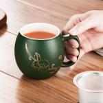 Yundu 12 OZ Ceramic Mug with Lid & Tea Strainer - Matte Green Tea Cup with Golden Flower, Stainless Steel Infuser for Loose Leaf Tea