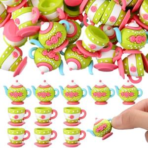 Patelai 100 Pcs Mini Spring Tea Party Figurines Set Bulk Floral Tiny Teapots Teacups Figurines Miniatures for Spring Tea Party DIY Supplies Birthday Gifts Home Garden Desktop Accessories