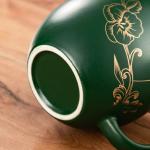 Yundu 12 OZ Ceramic Mug with Lid & Tea Strainer - Matte Green Tea Cup with Golden Flower, Stainless Steel Infuser for Loose Leaf Tea