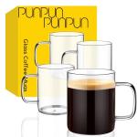 PunPun 17oz. / 500 ml Large Clear Glass Coffee Mugs Set of 4, Clear Espresso Cups, Large Wide Mouth Glass Mugs with Big Handle, Heatable Coffee Mugs for Cappuccinos and Juice Glass Cups