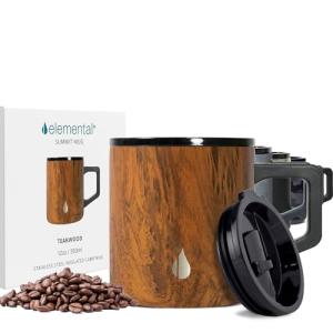 Elemental Insulated Coffee Mug - Triple-Wall Stainless Steel Summit Travel Cup for Hot and Cold Drinks - Thermal Coffee Mug with Lid and Handle for Camping, Office & Travel 12oz - Teakwood