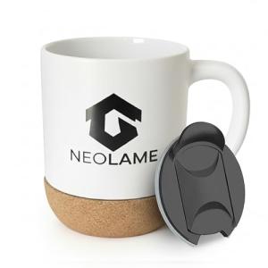 NeoLame Ceramic Coffee Mug with Cork Bottom and Spill Proof, Re-usable Coffee Mug for Home or Work, Heat Preservation and Removable Locking lid with Sliding spout, 400ML Volume (white)