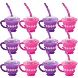 Fun Express Tea Party Cups Set of 12 with Lids and Straws - Pink & Purple Plastic Tea Cups for Kids Party Decorations | 8oz Disposable Party Favor Cups for Princess Birthday Parties & Events
