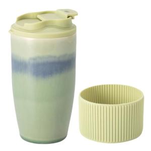 TaoTaojarvie Ceramic Travel Coffee Mug with Polypropylene Lid and Insulated Sleeve, 16 oz, Portable Coffee Cup for Car Cup Holder, Transmutation Glaze Microwave and Dishwasher Safe(Light Green)