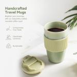 TaoTaojarvie Ceramic Travel Coffee Mug with Polypropylene Lid and Insulated Sleeve, 16 oz, Portable Coffee Cup for Car Cup Holder, Transmutation Glaze Microwave and Dishwasher Safe(Light Green)