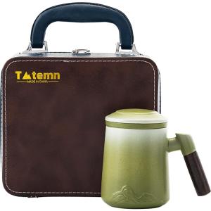 Tmtemn Ceramic Tea Cup with Infuser and Lid, Thick Sturdy Lead & Cadmium Free Porcelain Tea Mug with Wooden Handle, Insulated Tea Cup for Loose Tea, Office Home Daily Use, Hand Wash Recommended