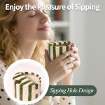 Yodamiack Ceramic Coffee Mug with Sip Hole - Retro Hand-Painted Striped Art Ceramic Travel Mug Coffee Cups Multiple Use with Insulated Sleeve, Microwave & Dishwasher Safe for Coffee Lovers(Green)