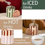 Yodamiack Ceramic Coffee Mug with Sip Hole - Retro Hand-Painted Striped Art Ceramic Travel Mug Coffee Cups Multiple Use with Insulated Sleeve, Microwave & Dishwasher Safe for Coffee Lovers(Green)