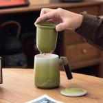Tmtemn Ceramic Tea Cup with Infuser and Lid, Thick Sturdy Lead & Cadmium Free Porcelain Tea Mug with Wooden Handle, Insulated Tea Cup for Loose Tea, Office Home Daily Use, Hand Wash Recommended