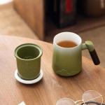 Tmtemn Ceramic Tea Cup with Infuser and Lid, Thick Sturdy Lead & Cadmium Free Porcelain Tea Mug with Wooden Handle, Insulated Tea Cup for Loose Tea, Office Home Daily Use, Hand Wash Recommended