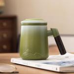 Tmtemn Ceramic Tea Cup with Infuser and Lid, Thick Sturdy Lead & Cadmium Free Porcelain Tea Mug with Wooden Handle, Insulated Tea Cup for Loose Tea, Office Home Daily Use, Hand Wash Recommended