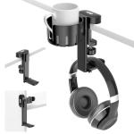 KDD 2 in 1 Headphone Hanger with Desk Cup Holder - Under Desk Clamp Rotatable Headset Holder - Suitable for Coffee Mups, Water Cups, Headphone(Black)