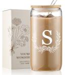 Personalized Gifts for Women, Monogrammed 16oz Glass Cups with Bamboo Lids and Straws, Customized Glass Tumbler, Cute Custom Mug, Customizable Initial Iced Coffee Glasses, Birthday Bridesmaid Mom, S