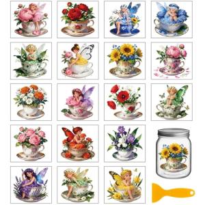 GLOBLELAND 18 Sheets Teacup Fairy Transfer Stickers 3.9x3.6inch Flowers Elf Rub on Transfer Stickers Colorful Decal for Furniture Vase Glass Mason Jar Decorations Art Crafts