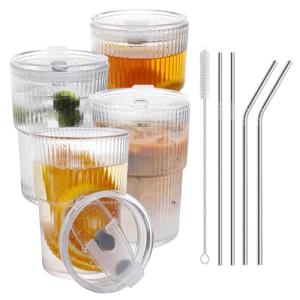 RÉΑLWÁY 16 OZ Iced Coffee Cups with Lids and Straws Set of 4, Unbreakable Plastic Drinking Glasses Reusable Iced Coffee Glass to Go Cup for Iced Tea,Juice, Water,BPA Free, Dishwasher Safe