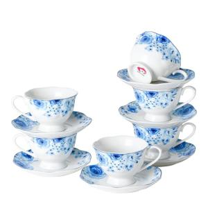 PRECITIME Porcelain Tea Cup and Saucer Set of 6 (12-Piece) - 6oz Cups with Classic Blue Floral Pattern for Tea Party, Dishwasher & Microwave Safe