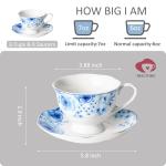 PRECITIME Porcelain Tea Cup and Saucer Set of 6 (12-Piece) - 6oz Cups with Classic Blue Floral Pattern for Tea Party, Dishwasher & Microwave Safe