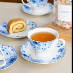 PRECITIME Porcelain Tea Cup and Saucer Set of 6 (12-Piece) - 6oz Cups with Classic Blue Floral Pattern for Tea Party, Dishwasher & Microwave Safe