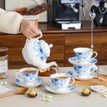 PRECITIME Porcelain Tea Cup and Saucer Set of 6 (12-Piece) - 6oz Cups with Classic Blue Floral Pattern for Tea Party, Dishwasher & Microwave Safe