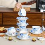 PRECITIME Porcelain Tea Cup and Saucer Set of 6 (12-Piece) - 6oz Cups with Classic Blue Floral Pattern for Tea Party, Dishwasher & Microwave Safe