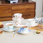 PRECITIME Porcelain Tea Cup and Saucer Set of 6 (12-Piece) - 6oz Cups with Classic Blue Floral Pattern for Tea Party, Dishwasher & Microwave Safe