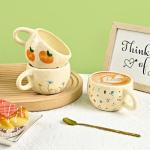 Denovin Ceramic Coffee Mug, Creative Flower Fruit Cup for Women Friends, 8.5 oz/250 ml Cute Coffee Mugs for Latte Tea Milk (Cherry and Orchid)