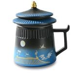 Coolpei Tea Cup with Infuser and Lid,Loose Leaf Tea Steeper Cup 14.8oz Ceramic tea Infuser Mug Travel Large Steeping Cup Diffusers Mugs with Fine Strainer and Handle (Black&Blue)