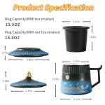 Coolpei Tea Cup with Infuser and Lid,Loose Leaf Tea Steeper Cup 14.8oz Ceramic tea Infuser Mug Travel Large Steeping Cup Diffusers Mugs with Fine Strainer and Handle (Black&Blue)