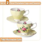 BTaT- Floral Tea Cups and Saucers Set of 2 (8 oz), Porcelain Tea Cup Sets, Pastel Yellow Color with Gold Trim, Dishwasher Safe
