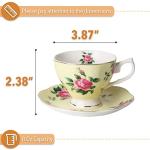BTaT- Floral Tea Cups and Saucers Set of 2 (8 oz), Porcelain Tea Cup Sets, Pastel Yellow Color with Gold Trim, Dishwasher Safe