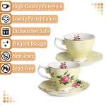 BTaT- Floral Tea Cups and Saucers Set of 2 (8 oz), Porcelain Tea Cup Sets, Pastel Yellow Color with Gold Trim, Dishwasher Safe