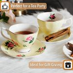 BTaT- Floral Tea Cups and Saucers Set of 2 (8 oz), Porcelain Tea Cup Sets, Pastel Yellow Color with Gold Trim, Dishwasher Safe