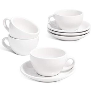 LE TAUCI 6 oz Cappuccino Cups with Saucers, Set of 4 Ceramic Coffee Cup and Saucer Set for Latte, Au Lait, Flat White, Mocha, Tea, Embossed Coffee Cups, White
