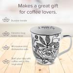 Karma Gifts 16 oz Black and White Boho Mug Floral - Cute Coffee and Tea Mug - Ceramic Coffee Mugs for Women and Men, 4.25" x 3.7"