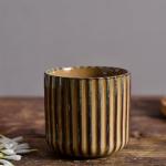 LILITURF Vinitage Ceramic Mug, Japanese Tea Cup 6oz Striped Cup No Handle Drinking Cup for Latte Milk Water Beverage Juice Microwave and Dishwasher Safe, Kiln Transformation Cup (Brown)