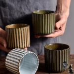 LILITURF Vinitage Ceramic Mug, Japanese Tea Cup 6oz Striped Cup No Handle Drinking Cup for Latte Milk Water Beverage Juice Microwave and Dishwasher Safe, Kiln Transformation Cup (Brown)
