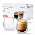 Roran Double Wall Glass Coffee Mugs, Clear Borosilicate Glass with Handle, 14.2oz, 2 Piece Set, High-Heat Resistant