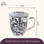 Karma Gifts 16 oz Black and White Boho Mug Floral - Cute Coffee and Tea Mug - Ceramic Coffee Mugs for Women and Men, 4.25" x 3.7"