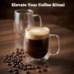 Roran Double Wall Glass Coffee Mugs, Clear Borosilicate Glass with Handle, 14.2oz, 2 Piece Set, High-Heat Resistant