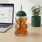 Krewchton Glass Bear Cup,Bear Cup with Straw, 500ml Reusable Bear Glass Tumbler with Lid for Iced Coffee, Milk Tea, and Cocktails, Dishwasher Safe(Green)